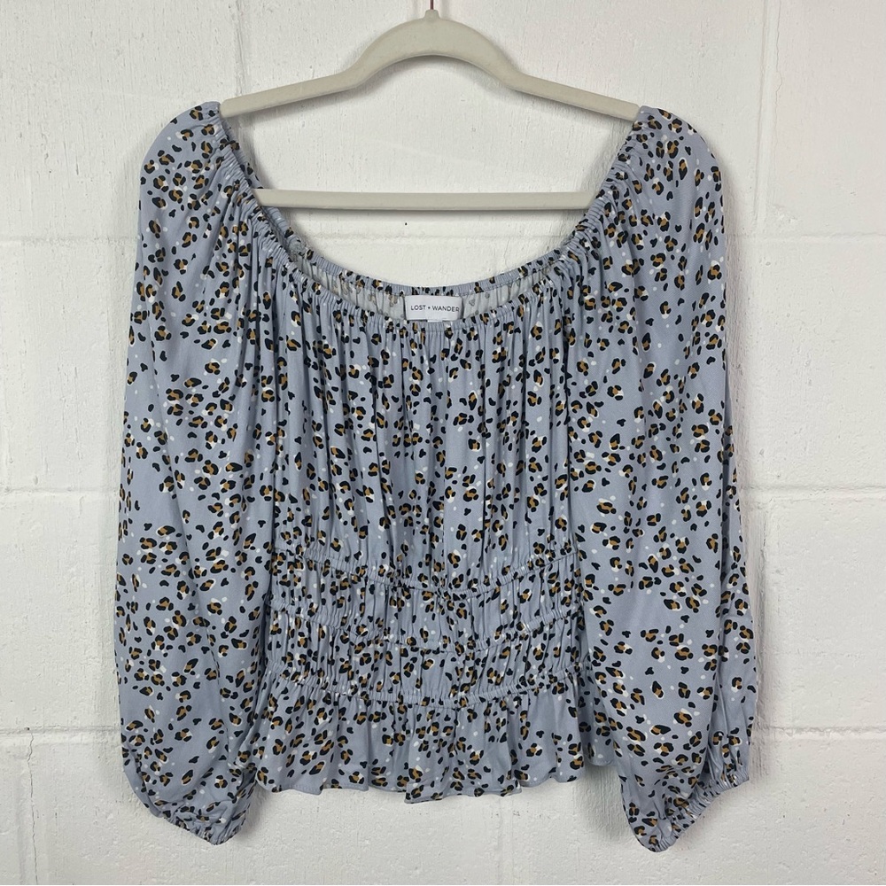 Lost + Wander CropTop Off Shoulder‎ Prairie Milkmaid Coquette Leopard Print SZ S
